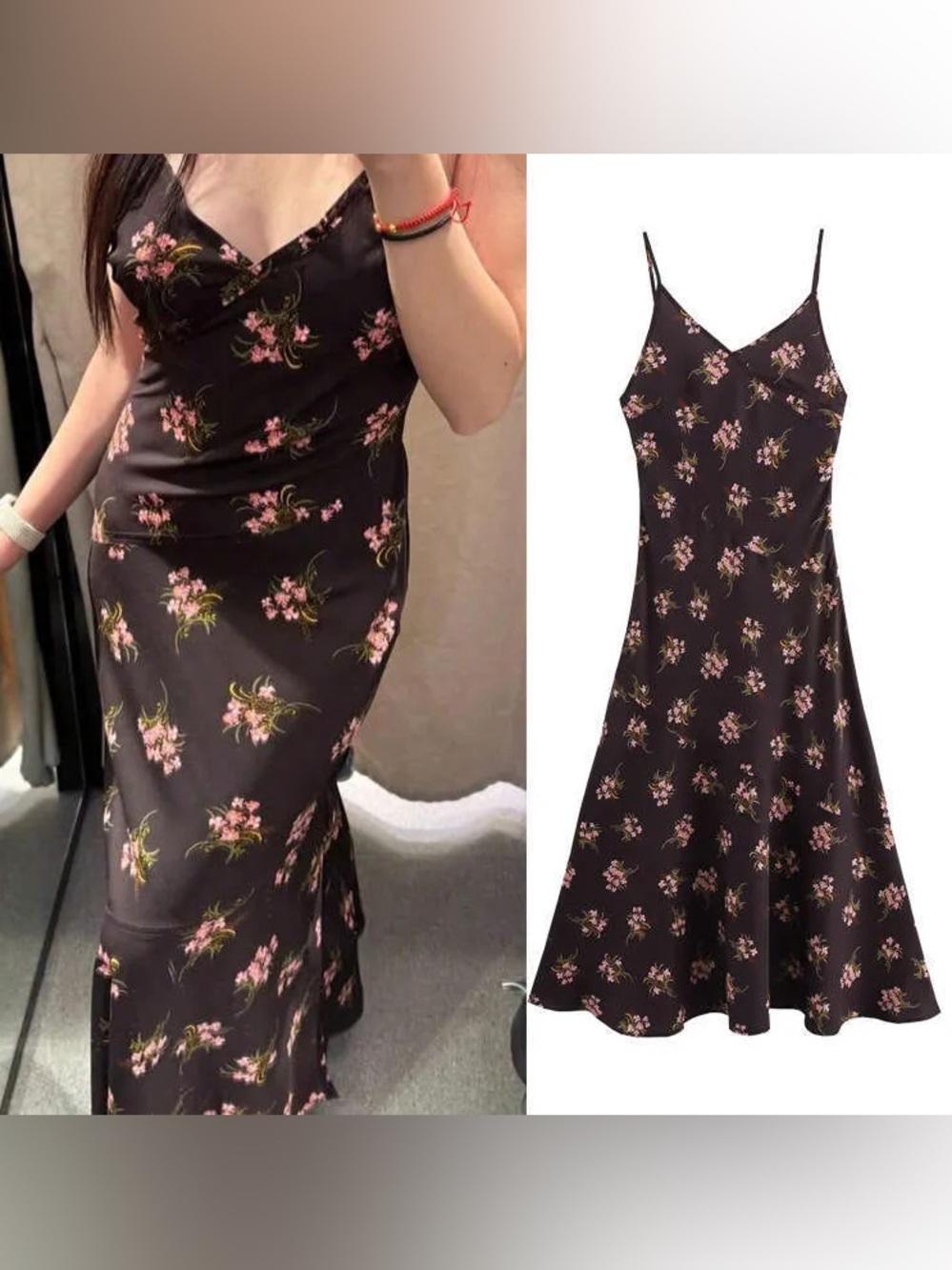 Zara Brown Floral Satin Slip Midi Dress Size S